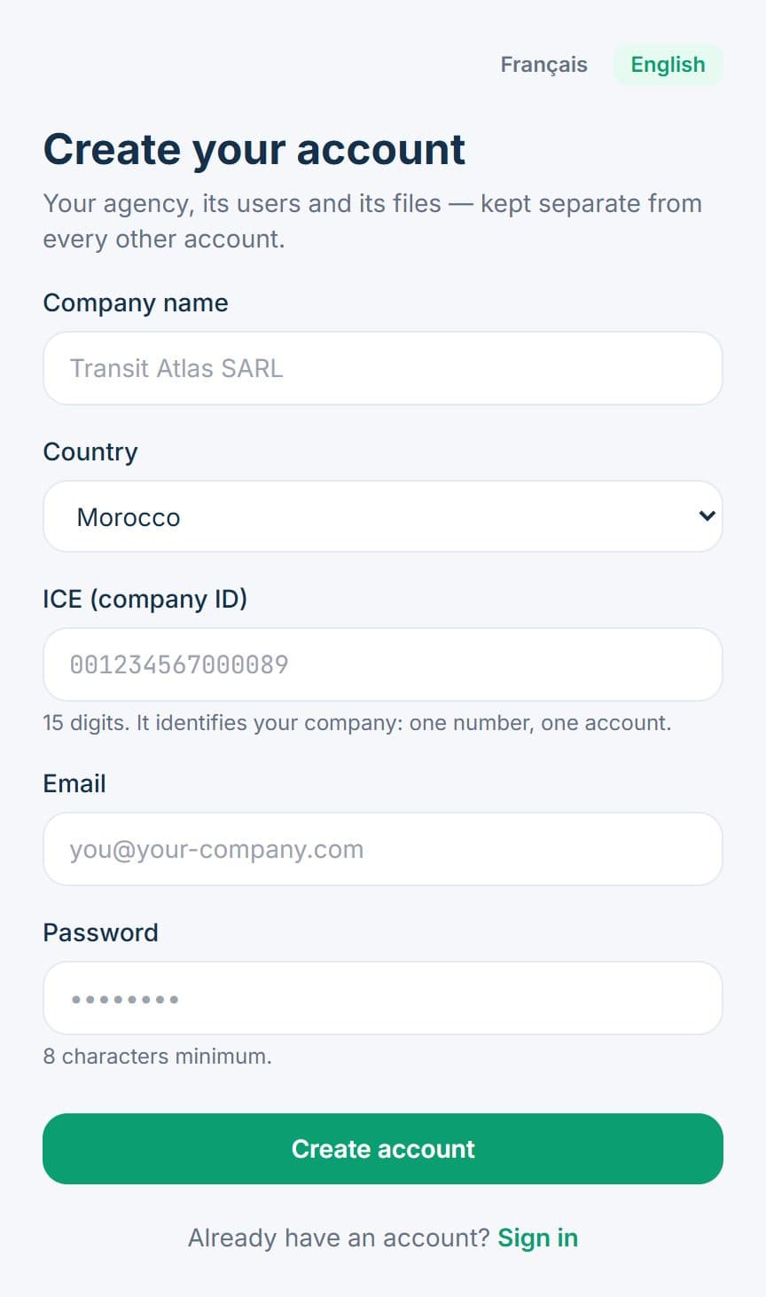 Sign-up form: company name, country, tax ID, email, password