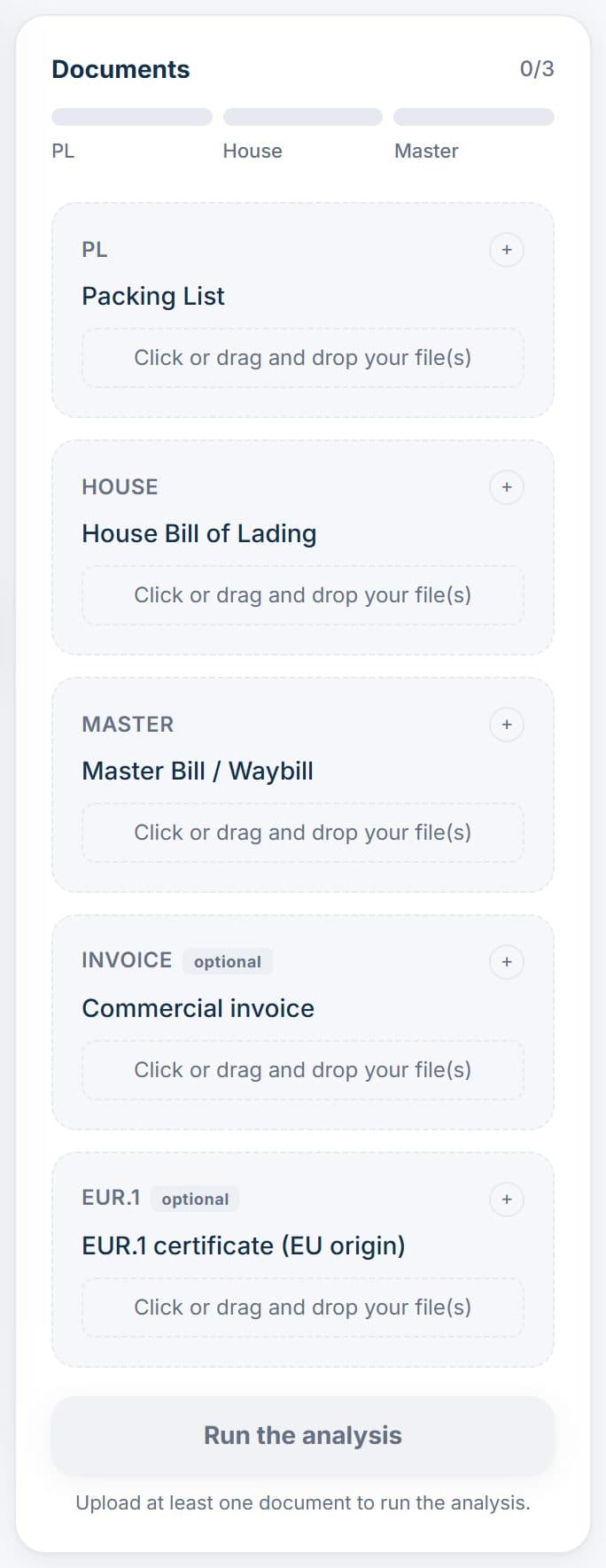 Empty Documents panel: five slots and the greyed-out analysis button