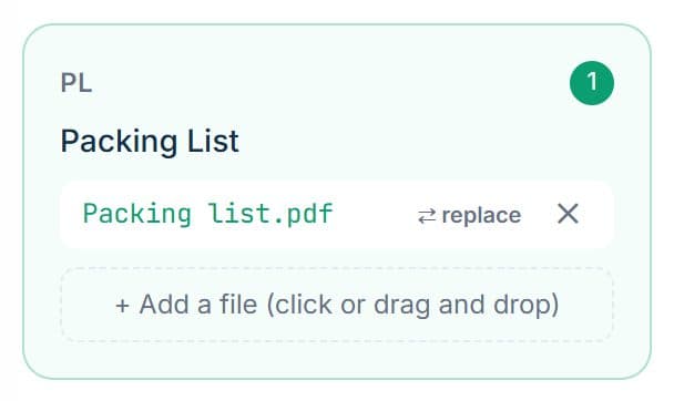 Packing List slot with the uploaded file, replace and remove buttons