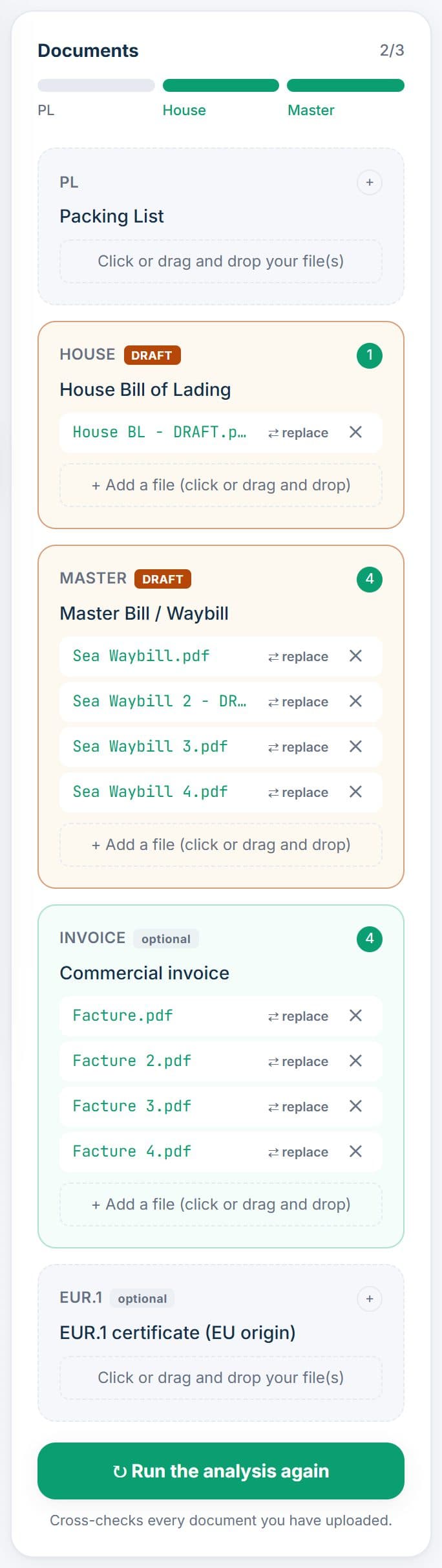 Four-container shipment: four Sea Waybills and four invoices, DRAFT badges