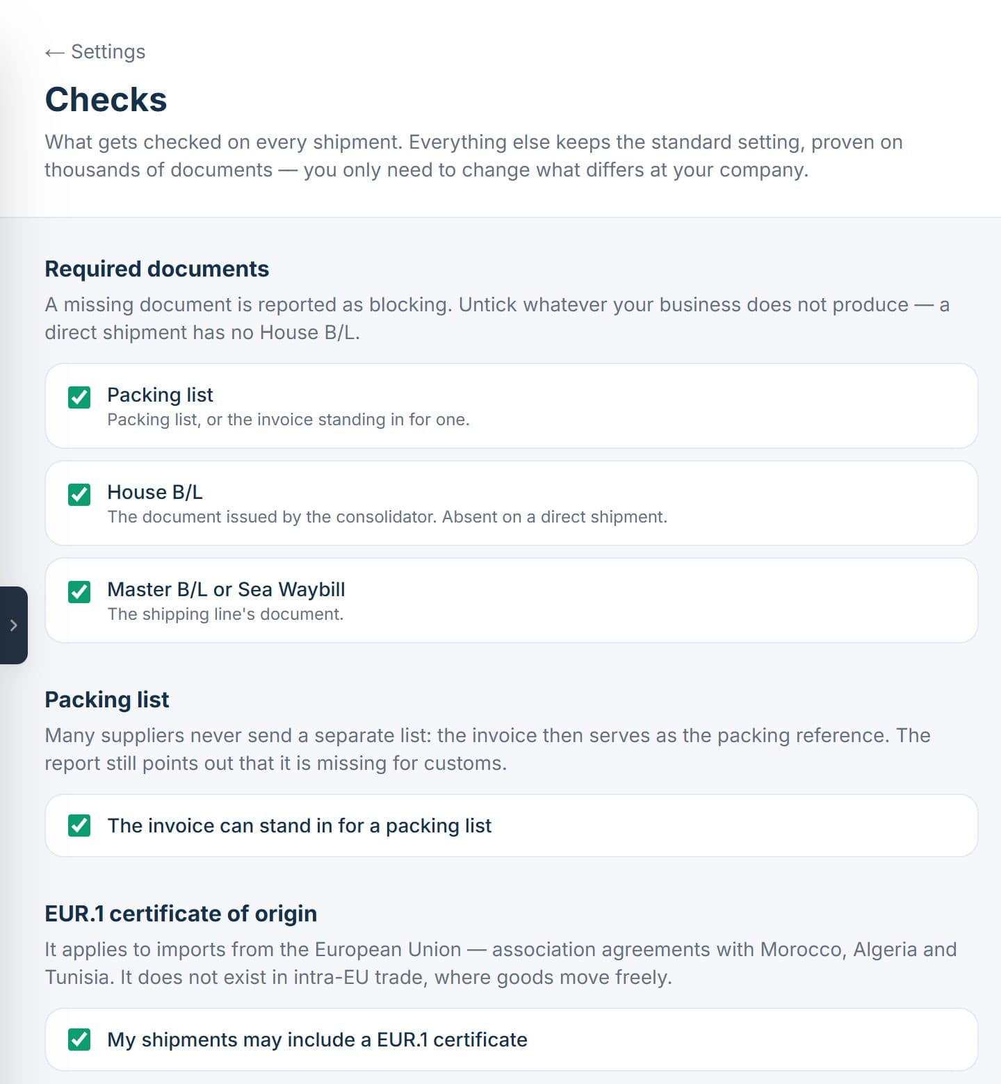 Check settings: mandatory documents, packing list, EUR.1 certificate