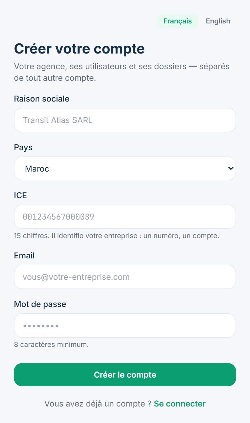 Formulaire de création de compte : raison sociale, pays, identifiant, email, mot de passe