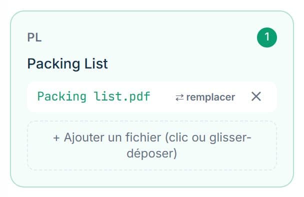 Case Packing List avec le fichier déposé, boutons remplacer et retirer