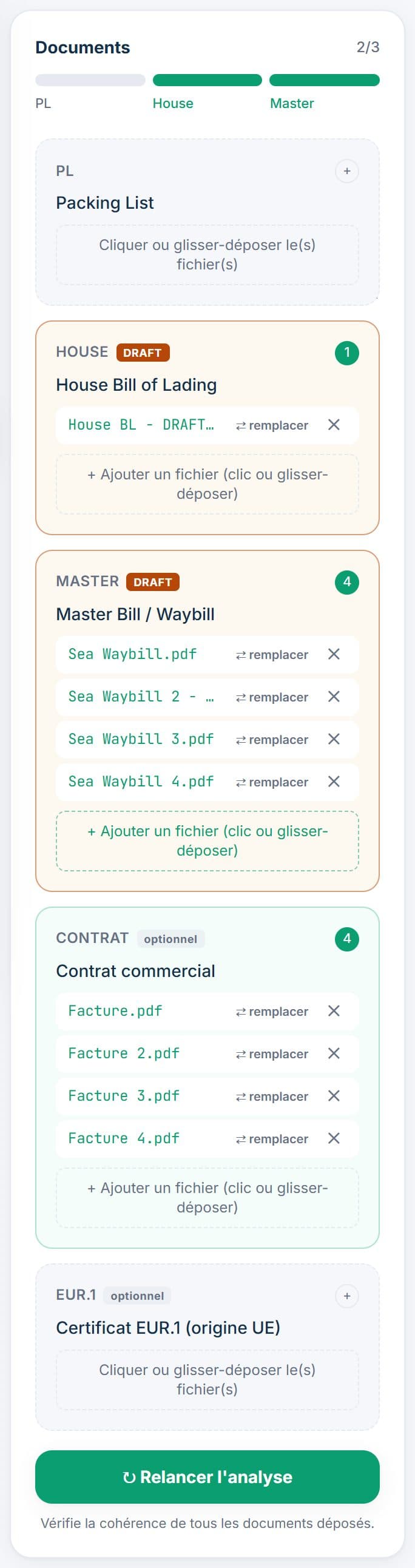 Dossier de quatre conteneurs : quatre Sea Waybills et quatre factures, badges DRAFT