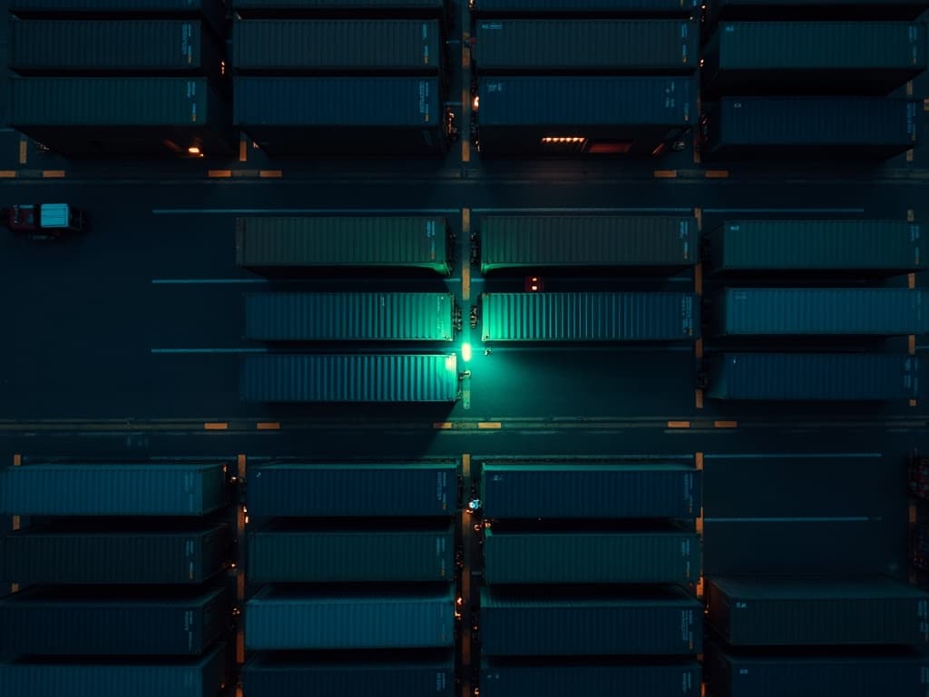 Terminal à conteneurs vu du ciel — un conteneur ressort parmi les autres